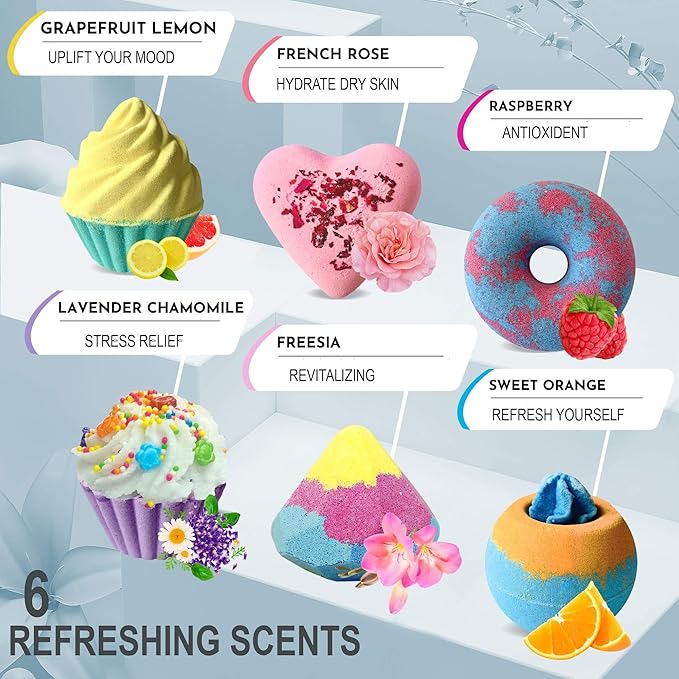 Bath Bombs Gift Set for Christmas - Bath Bombs for Girls, 6 Aromatherapy Natural BathBombs w/Organic Ingredients Skin Moisturizing Bubble BathBombs for Women Relaxing, Kids Stocking Stuffers - Bloomnest