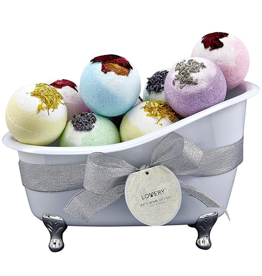 Bath Bomb Self Care Gifts for Women, White Elephant Gifts for Adults,10 Oversized Two Tone Bath Fizzies with Shea & Coco Butter Dry Flower Petals, Rich, Spa Bath Set in Cute Tub - Bloomnest