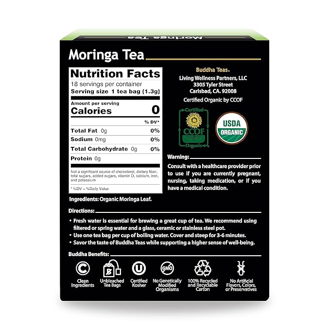 Buddha Teas - Moringa Tea - Herbal Tea - Source of Essential Vitamins & Minerals - Natural Ingredients - Caffeine Free - OU Kosher - 18 Tea Bags (Pack of 1) - Bloomnest