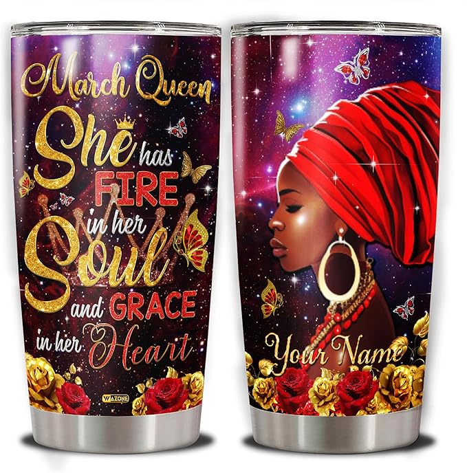 WAZONE Tumbler Personalized Birthday Months Woman Black Women African American Girls Stainless Steel Travel Mug Insulated Cup With Name Butterfly Flower May June August July March Queen - Bloomnest