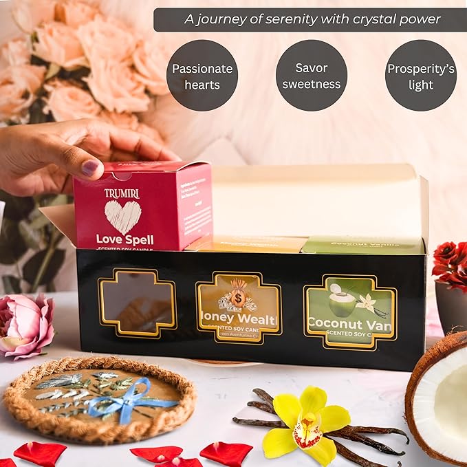 Love Spell, Money Wealth, Coconut Vanilla - Soy Candles Non Toxic - Highly Scented Long Lasting with Essential Oils - Variety Pack of 3 x 5oz - for Home Aromatherapy Meditation Gift Travel TRUMIRI