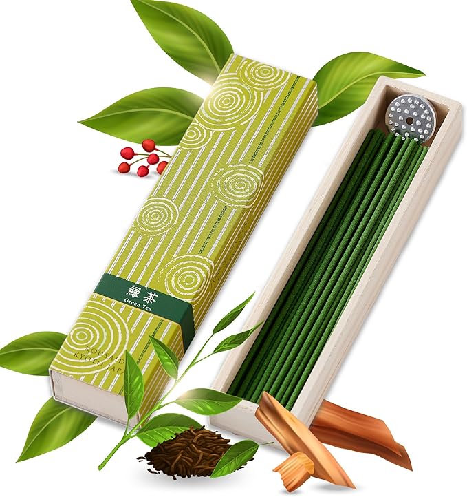 Hasegawa Hyakurakuko Premium Japanese Sandalwood Incense - Long Type, 40 Sticks with Aluminum Holder, 20-30 Min Burn Time, Made in Japan 線香 百楽香 (Green Tea) %E3%81%AF%E3%81%9B%E3%81%8C%E3%82%8F%EF%BC%88Hasegawa%EF%BC%89