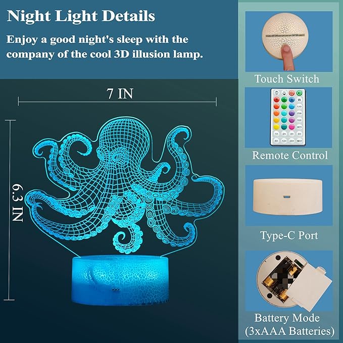Octopus Night Light, 3D Illusion Night Light Lamp, Octopus Stuff with 16 Colors Changing, Timer, 4 Flash Modes and Dimmable, Kids Room Decoration, Xmas Gifts - Bloomnest