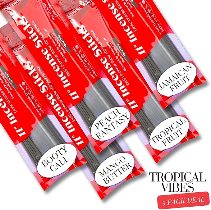 Tropical Vibes 11'' Incense Sticks - Variety Set 500 Pack - 11 inch - 5 Bundles 100 Sticks Per Fragrance Scent. Set Features Booty Call, Jamaican Fruit, Mango Butter, Peach Fantasy, Tropical Fruit AromaDepotInc