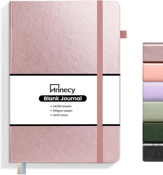 Annecy Blank Journal Notebook, Medium 5.5x 8.25, 160 Pages 100GSM Writing Paper, A5 Rose Gold Faux Leather Cover with Pen Loop - Bloomnest