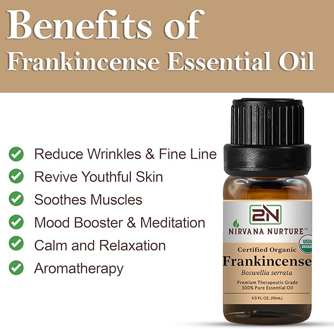 Frankincense Essential Oil, USDA Certified Organic, 100% Pure Undiluted, Aromatherapy Oil for Diffuser, Hair & Skin Care NirvanaNurture