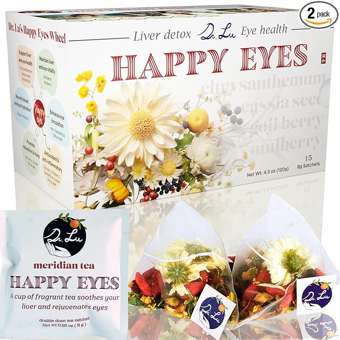 Dr. Lu’s Happy Eyes Tea | 100% Natural Eyebright Tea for Liver Cleanse | Liver Detox tea for Eye Health | Chrysanthemum, Cassia Seed, Goji Berry 8 Premium Herbs in Corn Fiber Pyramid Bags | Made in US - Bloomnest