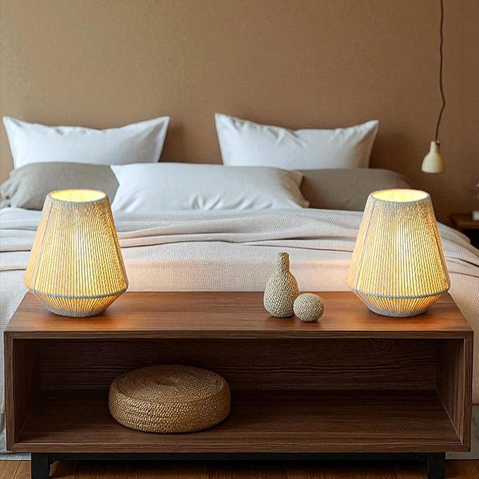JHY DESIGN Set of 2 Woven Lampshade Table Lamps 8" H Cotton Rope Bedside Light‌s Cordless Decorative Battery Operated Lamps with 6 Hours Timer for Bedroom Living Room Home Parties Patio Events - Bloomnest