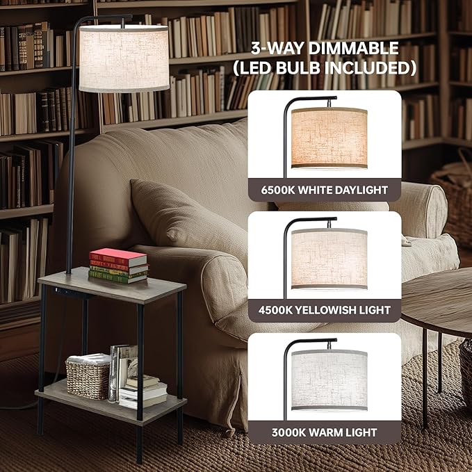Floor Lamp with Table, End Table Lamp with USB Charging Port Power Outlet and Shelves, Side Table Reading Light with 3 Color Temperature Led Bulb Included, Floor Lamps for Living Room, Gray - Bloomnest