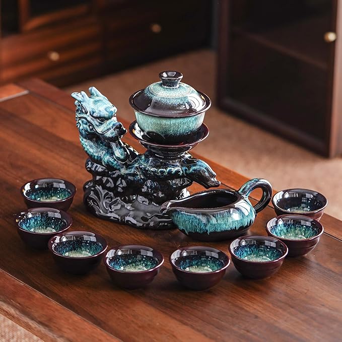 Ceramic Teapot with Infuser Semi Automatic Tea Set Magic Teapot with 8 cups Gradient Color (Gradient Dragon- B) - Bloomnest