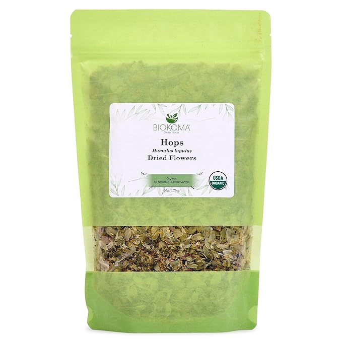 Biokoma Pure and Organic Hops Dried Flowers 50g (1.76oz) In Resealable Moisture Proof Pouch, USDA Certified Organic - Herbal Tea, No Additives, No Preservatives, No GMO, Kosher - Bloomnest