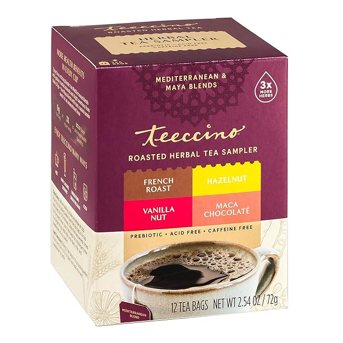 Teeccino Herbal Tea Sampler Assortment - 12 Tea Bags - Maca Chocolaté, French Roast, Hazelnut, Vanilla Nut - Roasted Caffeine Free Herbal Tea, Prebiotic for Natural Energy - Bloomnest