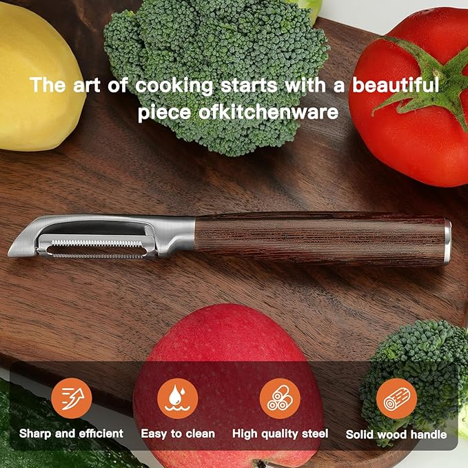 Serrated Blade Premium I Type 304 Stainless Steel Multifunctional Kitchen Peeler Real Wood Handle Ultra Sharp Blade Vegetable Potato Apple(Wenge) - Bloomnest