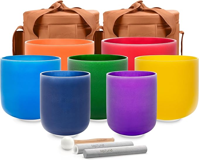 TOPFUND 432 Hz Chakra Set of 7 Color Crystal Singing Bowls 6-10 inch with Heavy Duty Carrying Cases and Singing Bowl Mallets - Bloomnest