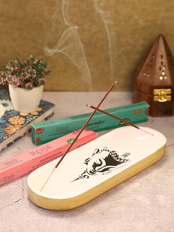 Bless-International Traditional-Handmade-Tray-Burner Wooden-Trat-Incense-Stick-Holder Ash-Catcher-Stand for-Aromatherapy-Meditation-Yoga (Black & White Buddha, 11x4x1.22 Inches) - Bloomnest