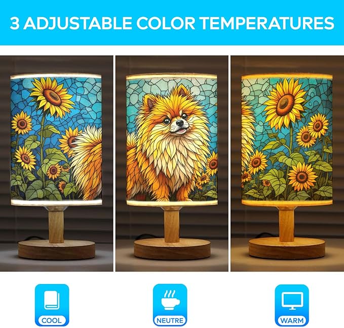 Pomeranian Table Lamp LED 3-Color Pressed Bedside, Dog Shade Lamp with Wood Base for Bedroom Living Room Desk Office - Bloomnest