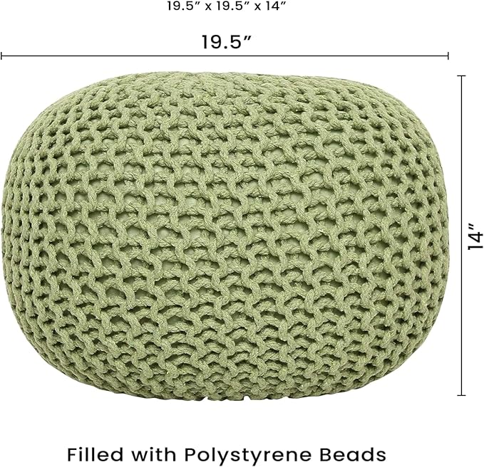 REDEARTH · Round Pouf Foot Stool Ottoman - Cotton Knitted Cord Boho Pouffe - Cable Poof Filled Footrest Stuffed for Living Room - Nursery - Bedroom - Patio - Lounge (19.5"x19.5"x14") - Kiwi - Bloomnest