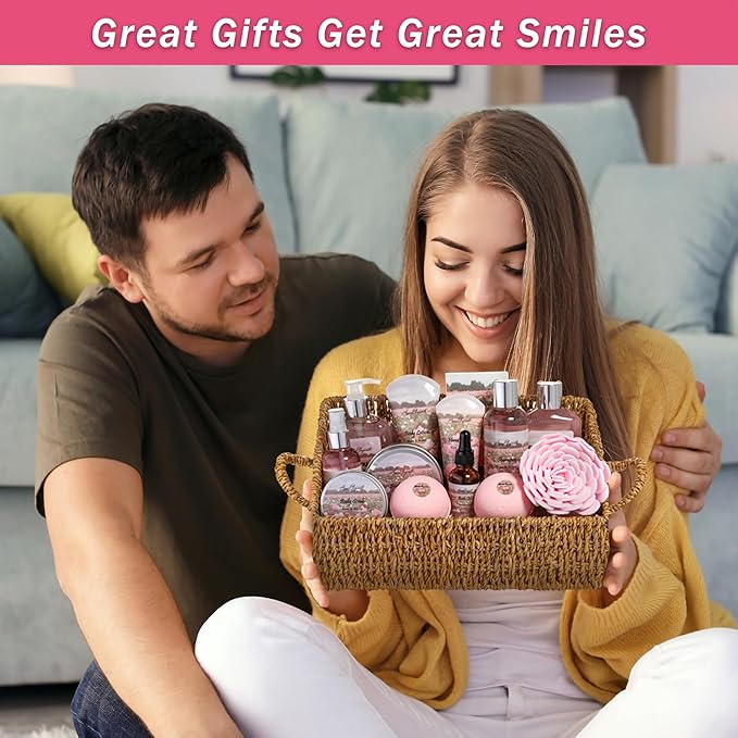 Bath Spa Gift Sets - Luxury Basket With Rose Oil & Peony - Spa Kit Includes Wash, Bubble Bath, Lotion, Bath Salts, Body Scrub, Body Spray, Shower Puff, Bathbombs, Soap and Towel - Bloomnest