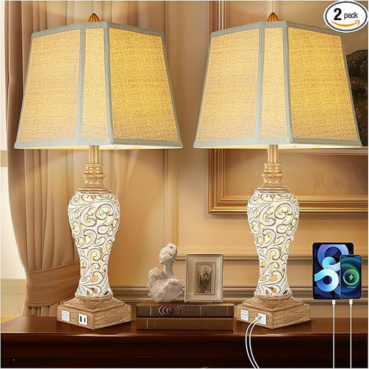 28.5" Rustic Table Lamp Set of 2 For Living Room Farmhouse Lamps for Bedroom, Bedside Lamps with Night Lights And USB C+A Charging Ports for Decor Office Study Hotel (Bulbs Included) - Bloomnest
