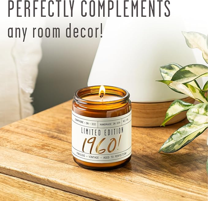65th Birthday Gifts for Women - 'Limited Edition 1960' Soy Candle, w/Champagne on Ice I 65 Birthday Gifts for Women I 65th Gift for Her Ideas I 9oz Reusable Jar, 50Hr Burn, Made in USA - Bloomnest