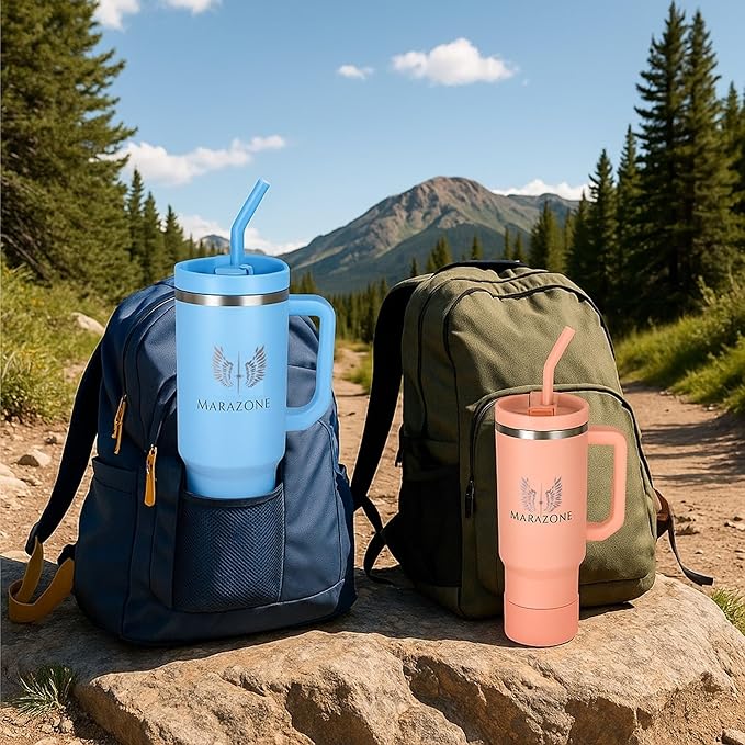 40 oz Insulated Tumbler with Handle and Straw – Stainless Steel Double Wall Vacuum Cup Fits Car Cup Holder, Hot Cold Travel Mug, BPA Free Reusable Water Bottle Gift for Women Men - Sky Blue - Bloomnest