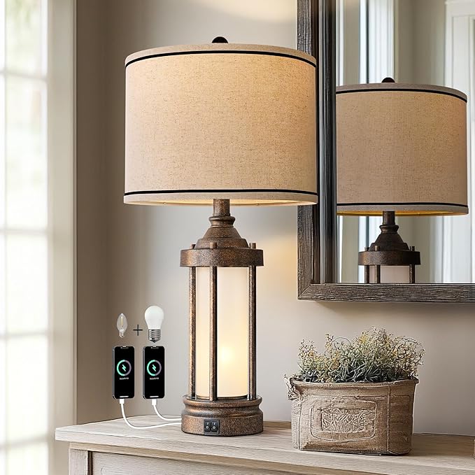 25'' Table Lamp for Living Room Bedroom Farmhouse Metal Lamps with 2 USB Ports, Built-in Frosted Glass Night Light Vintage Industrial Nightstand Bedside End Lamp, 2 Bulbs Included, Bronze - Bloomnest