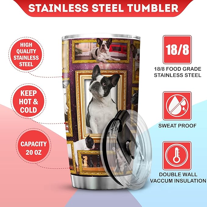 French Bulldog Coffee Tumbler With Lid 20oz Cute Bull Dog Gifts Women Stainless Steel Travel Cup Birthday Present Bulldogs Pet Animal Print Insulated Mug With Dogs On It - Bloomnest