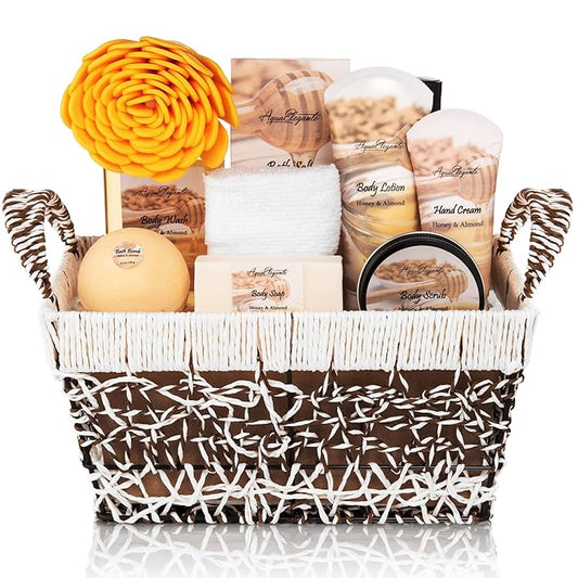 Spa Baskets For Women - Luxury Bath Set With Honey & Almond - Spa Kit Includes Wash, Bubble Bath, Lotion, Bath Salts, Body Scrub, Hand Cream, Shower Puff, Bathbombs, Soap and Towel - Bloomnest