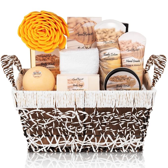 Spa Baskets For Women - Luxury Bath Set With Honey & Almond - Spa Kit Includes Wash, Bubble Bath, Lotion, Bath Salts, Body Scrub, Hand Cream, Shower Puff, Bathbombs, Soap and Towel - Bloomnest