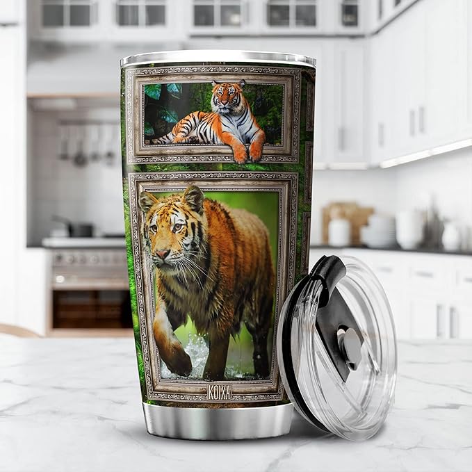 Tiger Print Tumbler Wildlife Animal Themed Gifts For Adults Stainless Steel Cup With Lid 20oz Cool Tigers Animals Insulated Travel Mug Tiger Stuff For Men Birthday Present - Bloomnest
