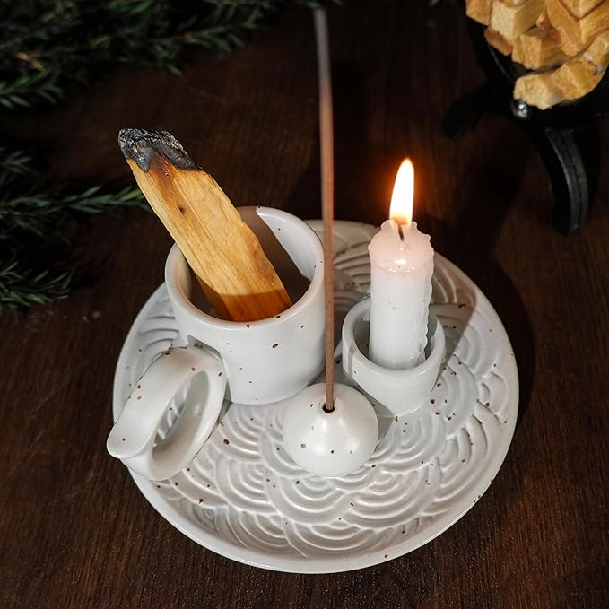 5-in-1 White Ceramic Palo Santo Burner & Holder - Small Candle and Smudge Tray for Incense Sticks & Cones, Sage, Zen Meditation Altar Accessory – Compatible with Matches for Aromatic Scents - Bloomnest