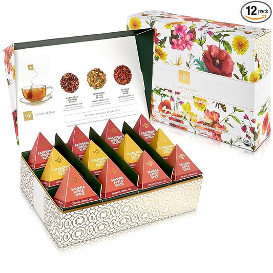 Teabloom Mother’s Bouquet Gourmet Tea Gift – Herbal Assortment with 12 Organic Plant-Based Pyramid Sachets, Caffeine-Free & Kosher, Elegant Presentation Box for Tea Lovers - Bloomnest