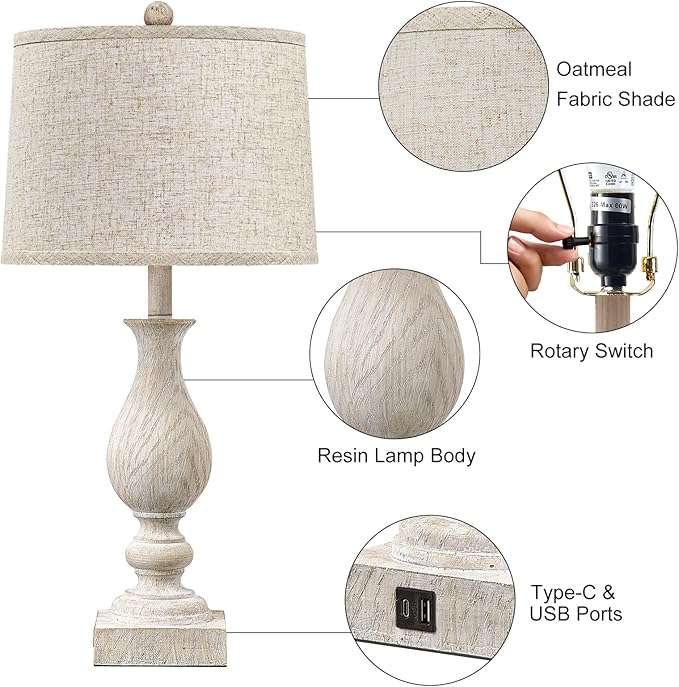 28'' Tall Farmhouse Table Lamps for Living Room, Bedroom Lamps Set of 2 with USB C+A Charging Ports, Rustic Farmhouse Nightstand Lamps for Bedside, Traditional Side Table Lamp with Fabric Shade - Bloomnest