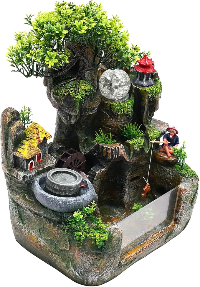 Indoor Water Fountain, Flowing Water Decorative Items with Fish Tank Rockery Tabletop Multi-Function Plant Decoration with Light Artificial Small Rockery for Bedroom Dining Room - Bloomnest
