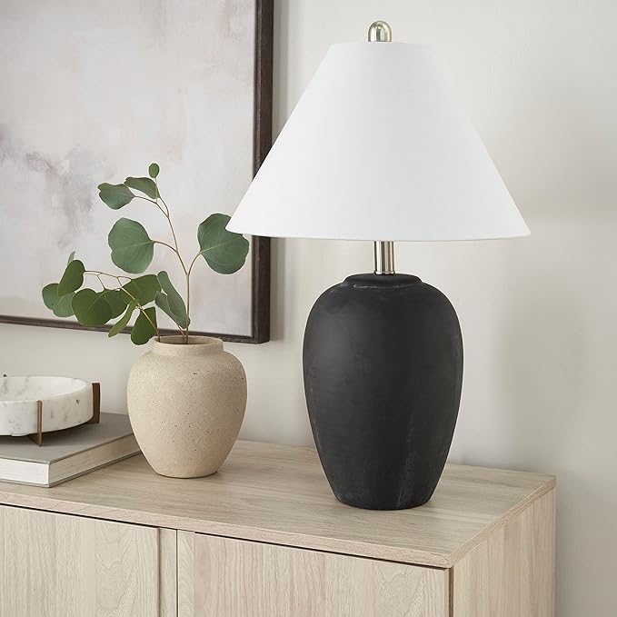 Nourison Home 23" Black Vintage Distressed Ceramic Pot Table Lamp for Bedroom, Living Room, End Table, with White Conical Empire Shade - Bloomnest