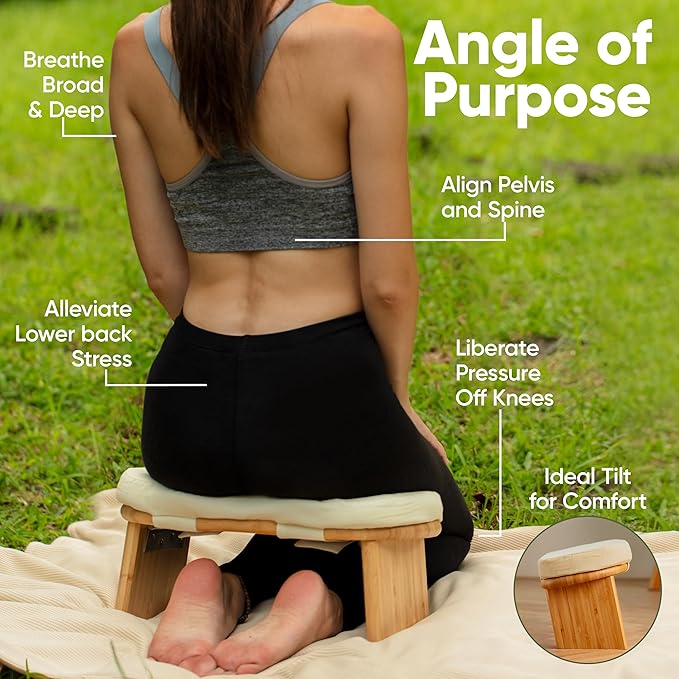 Meditation Chair w/ Extra Thick Cushion - Portable Bamboo Meditation Bench w/ Magnetic Locking Hinge - Anterior Tilt Seiza Bench Ideal for Comfortable & Stable Meditation - Sleek Canvas Kneeling Chair - Bloomnest