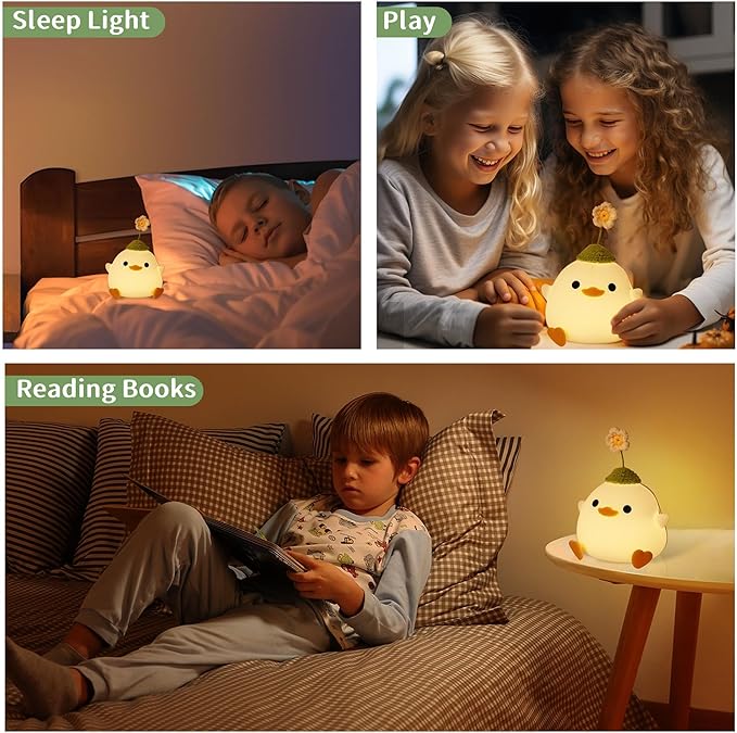 Attivolife Cute Duck Night Light, Animal Soft Silicone LED Lamp with Dimmable and Timer, Portable USB Rechargeable Bedroom Bedside Table Decor, Birthday Christmas Gifts for Girl Boy (Flower Hat) - Bloomnest