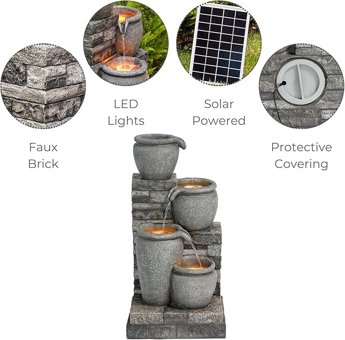 Teamson Home 30.7" 4-Tier Cascading Bowl Solar Powered Water Fountain for Outdoor Living Spaces, Gray - Bloomnest