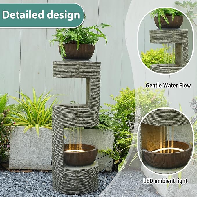 38" Outdoor Water Fountain with Waterfall & LED Lights Freestanding Garden Water Fountain for Patio/Backyard Resin Tiered Fountains with Pump, Brown - Bloomnest