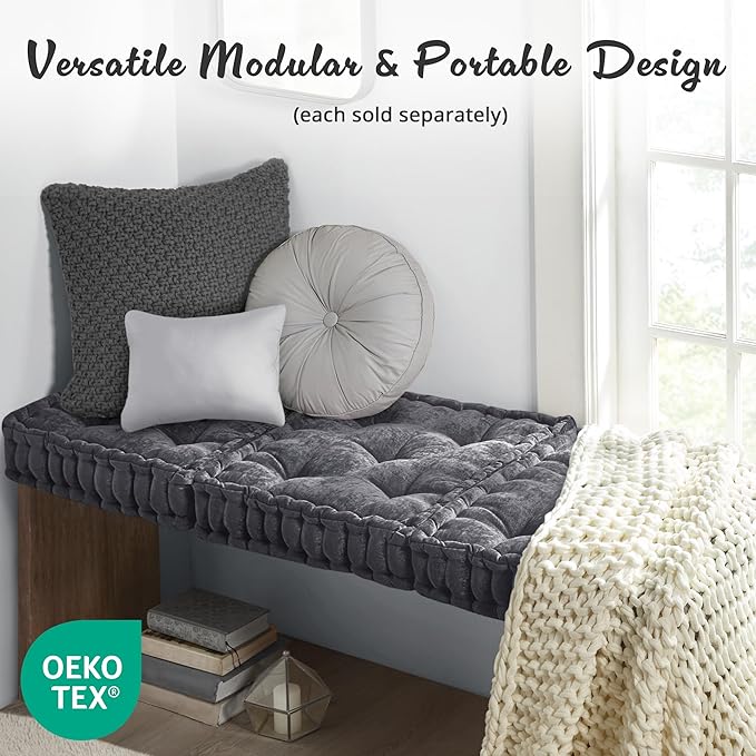 Intelligent Design Azza Floor Pillow, Large Cushions Sitting for Adults, Floor Pillow for Meditation or Yoga, Lustrous Chenille Tufted with Scalloped Edges for Bench/Chair Cushion, 20"x20"x5" Charcoal