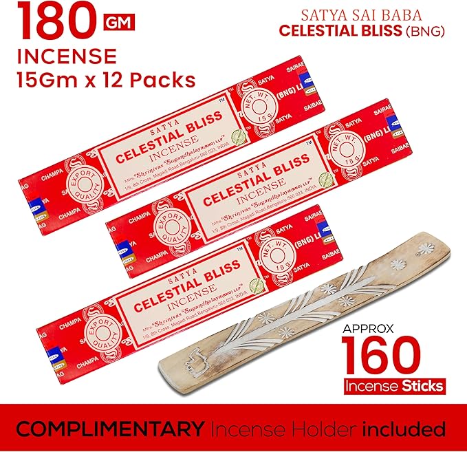 Satya Celestial Bliss Incense Sticks, Satya Bng (Bangalore) Insenses 15gmx12 Pack with Raajsee Incense Holder Bundle, Satya Nagchampa Natural Incense - Bloomnest