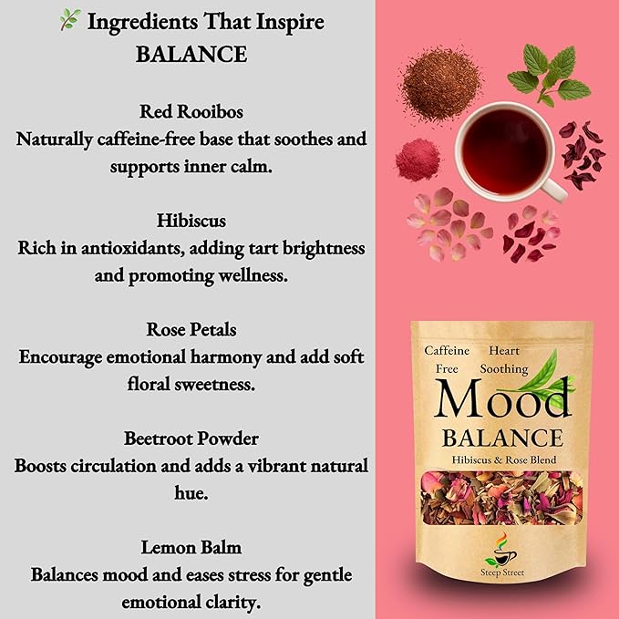 Hibiscus Rose Balance Mood Herbal Tea Infused with Adaptogens – Hibiscus, Rooibos, Rose Hips, Beetroot & Lemon Balm Blend | Calm Heart & Inner Balance | Caffeine-Free 2.8oz Pouch - Bloomnest