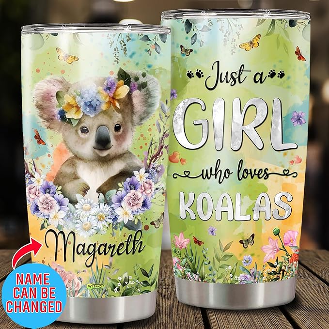 WAZONE Personalized Tumbler Just A Girl Who Loves Koalas Insulated Cup With Lid 20oz 30oz Stainless Steel Koala Bear Travel Coffee Mugs Flower Cute Animal Enthusiast Present For Girls Women - Bloomnest