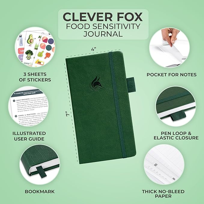 Clever Fox Food Sensitivity Journal Pocket – Daily Intolerance & Symptom Log for IBS, Diabetic, Low Fodmap, Elimination Diet – Health Tracker, 3.7x6.7 (Forest Green) - Bloomnest