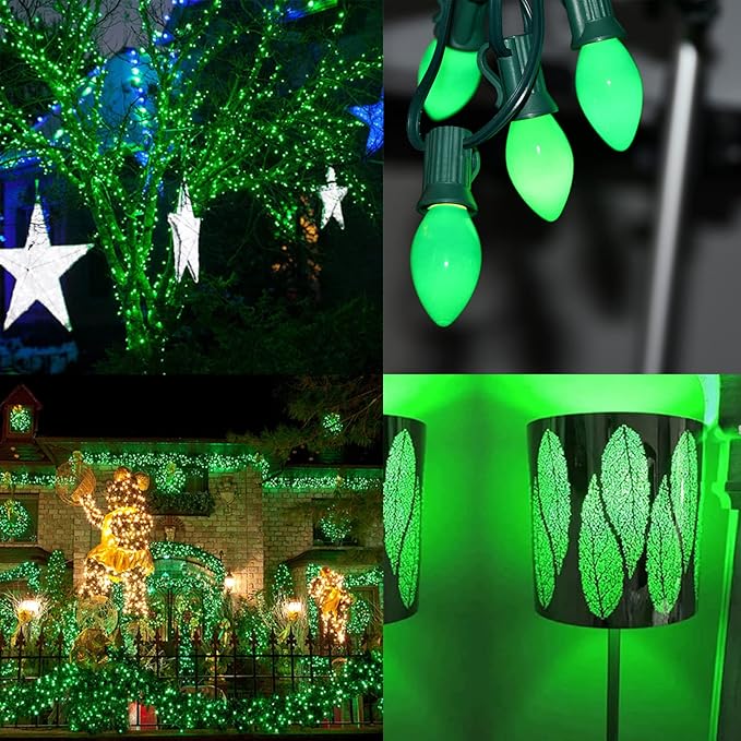 SUNSGNE 25 Pack Green Ceramic Christmas Light Bulbs St. Patrick's Light Bulbs for C7 Christmas St. Patrick's Day Decor, E12 Candelabra Base, 0.6W - Bloomnest
