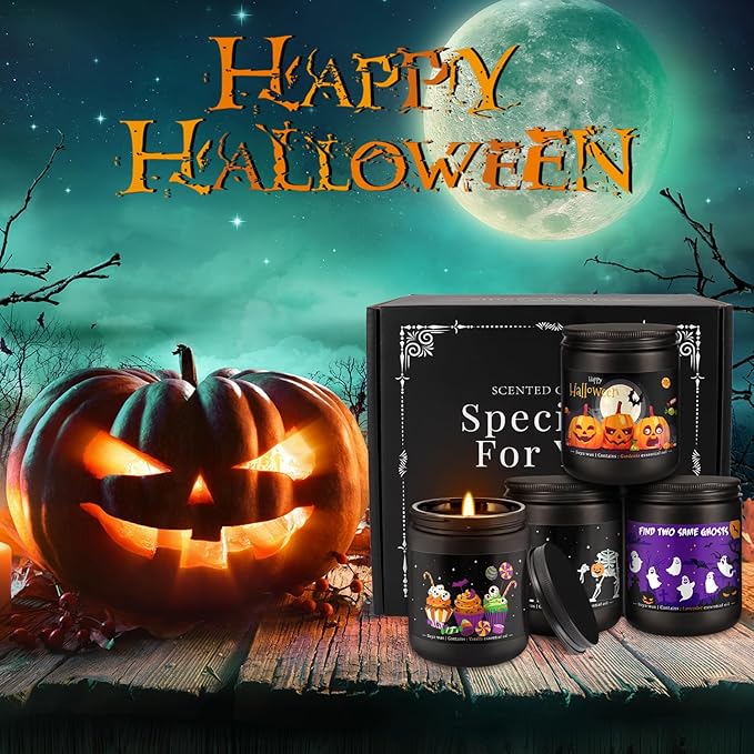 Halloween Scented Candles Set of 4 (7oz Each) – Spooky Aromatherapy Soy Wax Candles with Bat & Ghost Designs, Smokeless for All Saints' Day, Home Decor & Festive Gifts - Bloomnest