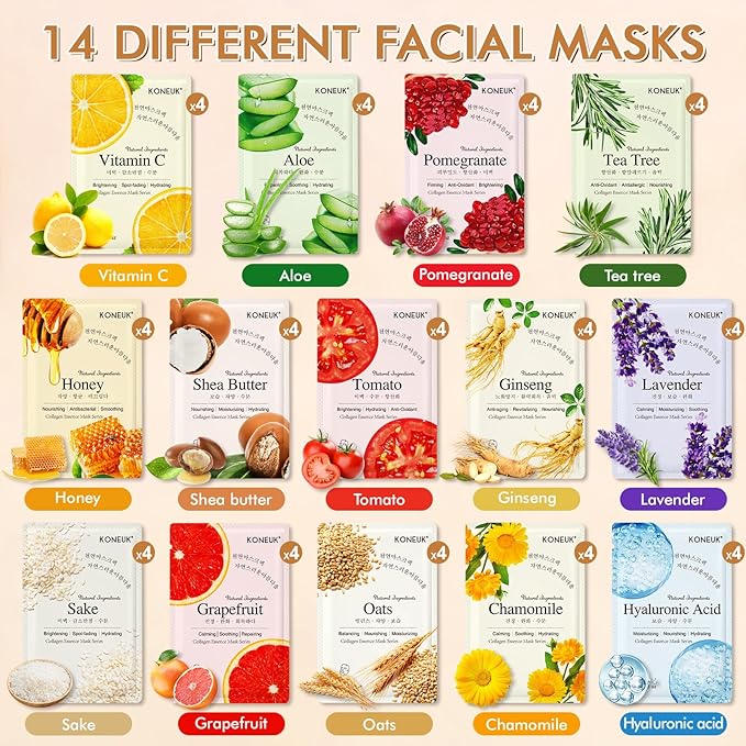 56 Pack Sheet Face Masks Skincare for Women, Hydrating Face Masks Suitable for Sensitive Skin, Bulk Facial Mask Gifts Set for Skin Care, Home Skincare Spa for All Skin Types - Bloomnest