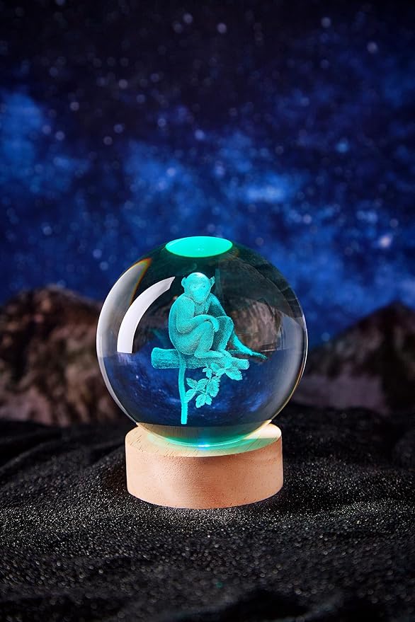 3D Large Monkey Crystal Ball Night Light with Wooden Base, Crystal Lamp Gift for Kids Wife Friends, 16 Color Changing with Remote Control, Laser Engraved 3.15 inch Glass Ball Lamp (Monkey) - Bloomnest