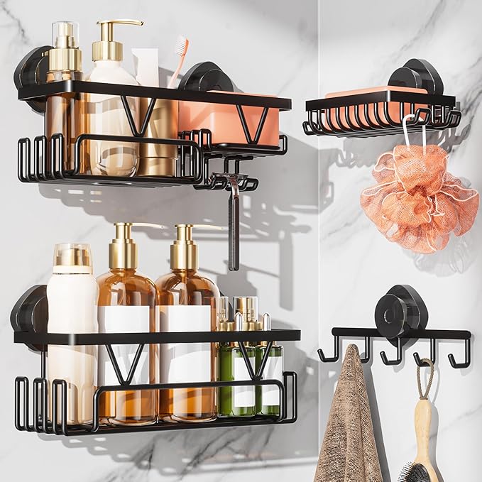 KEGII Shower Caddy Suction Cup, 4 Pack Suction Shower Shelf with Towel Rack No Drilling, Removable Shower Organizer with Hooks & Soap Holder, Space-Saving Bathroom Storage (Black) - Bloomnest
