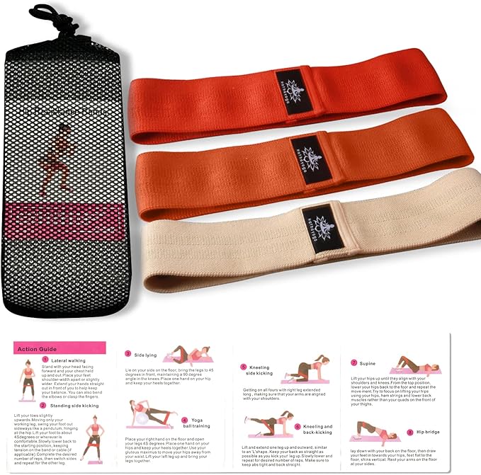Hatha Yoga Large Resistance Band,14.5" x3.15",Fabric Exercise Loop Bands with Instruction Guide and Carry Bag, Set of 3. - Bloomnest
